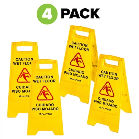 Alpine Industries Caution Wet Floor Sign, 24 Inch, High-Vis Yellow, Bilingual, Polypropylene, PK4 ALP499-4pk